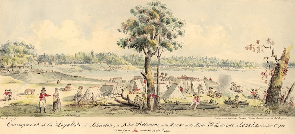(“Encampment of the Loyalists in Johnstown, a new settlement on the banks of the River St. Lawrence, in Canada West,” courtesy of Archives Ontario.)